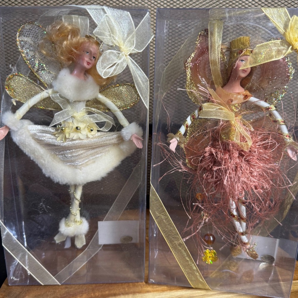 VTG Fairy Christmas Ornaments Set of 2 Gold Cream Rose Gold Hanging Figures 8in